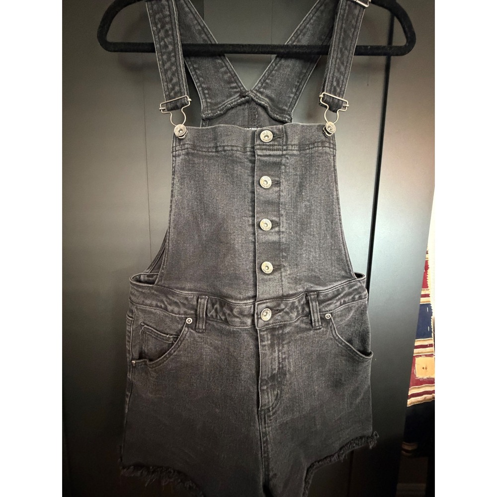 HT Denim Shortall Womens Medium Black Frayed Hem Button Front Overalls Shorts